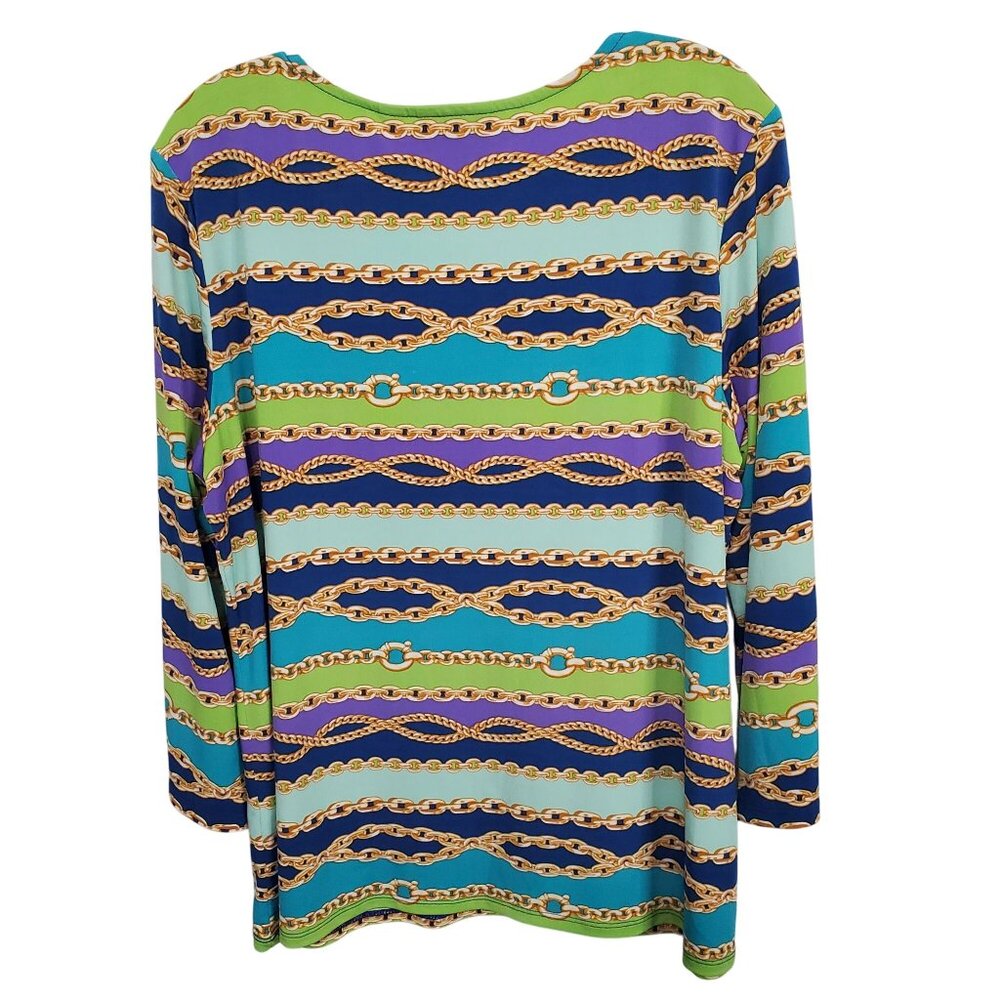 Bob Mackie Wearable Art L Tunic Top Chain Print Multicolor Liquid Knit Pullover - Picture 3 of 10
